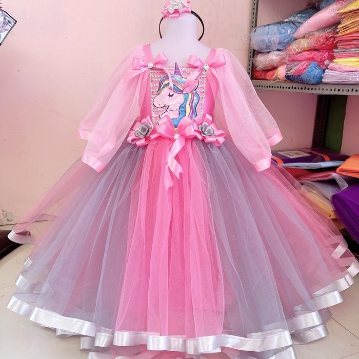 Gaun pesta anak perempuan,tema unicorn abu pink,bisa request warna,free bando Baju Dress Fashion