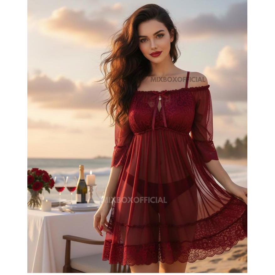 Daster Brukat Square Neck Lingerie Berlengan Transparan LD140 Jumbo - Monica