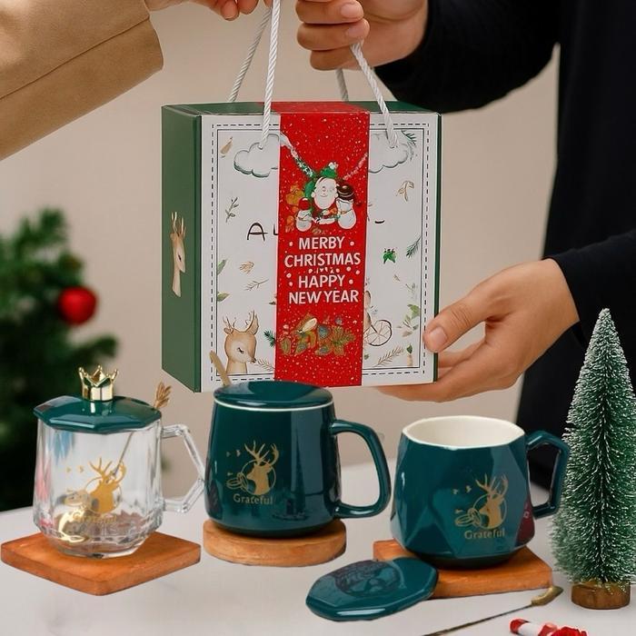 Ready Hoomey Hampers Natal Christmas Mug Keramik 450Ml Motif Santa & Pohon Natal Hadiah Natal