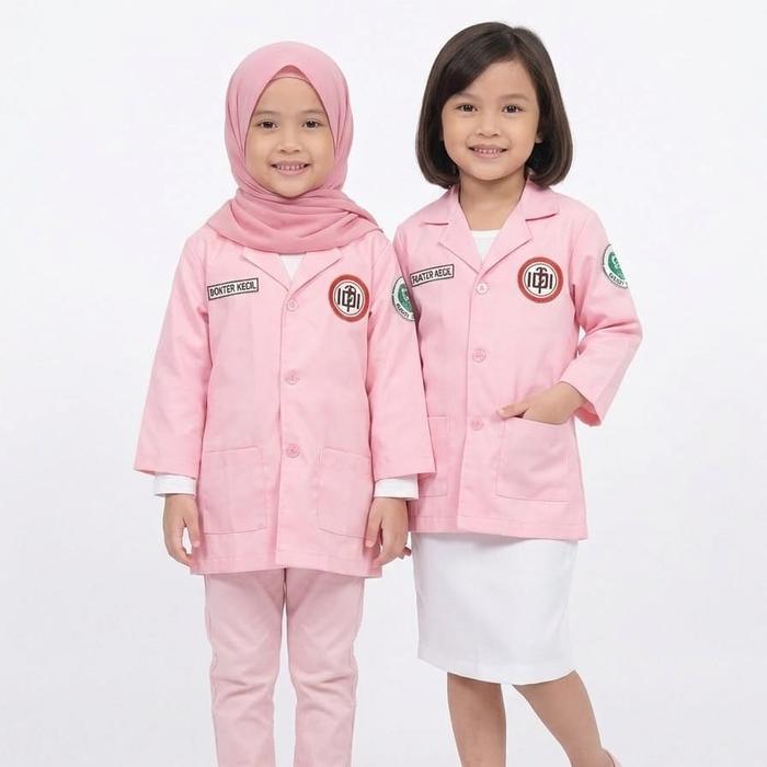 TERBARU Baju Jas Dokter Anak Pink Perempuan Kostum Profesi Dokter Cilik warna pink Bordir Lengkap