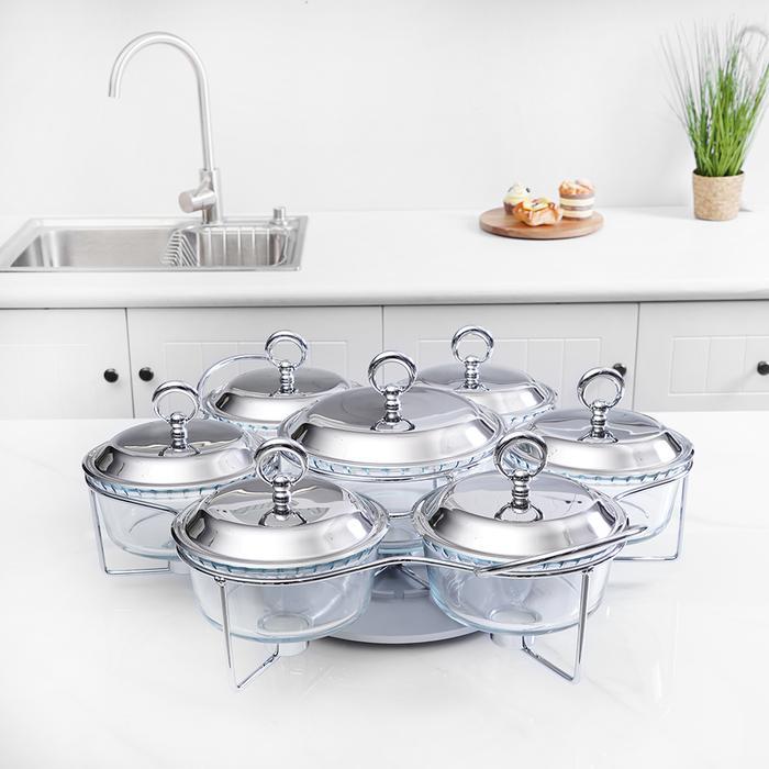 VYN Culinart Set 7 Pcs Nerinko Penghangat Makanan Putar - Silver Food Warmer Penghangat Saji Chafing