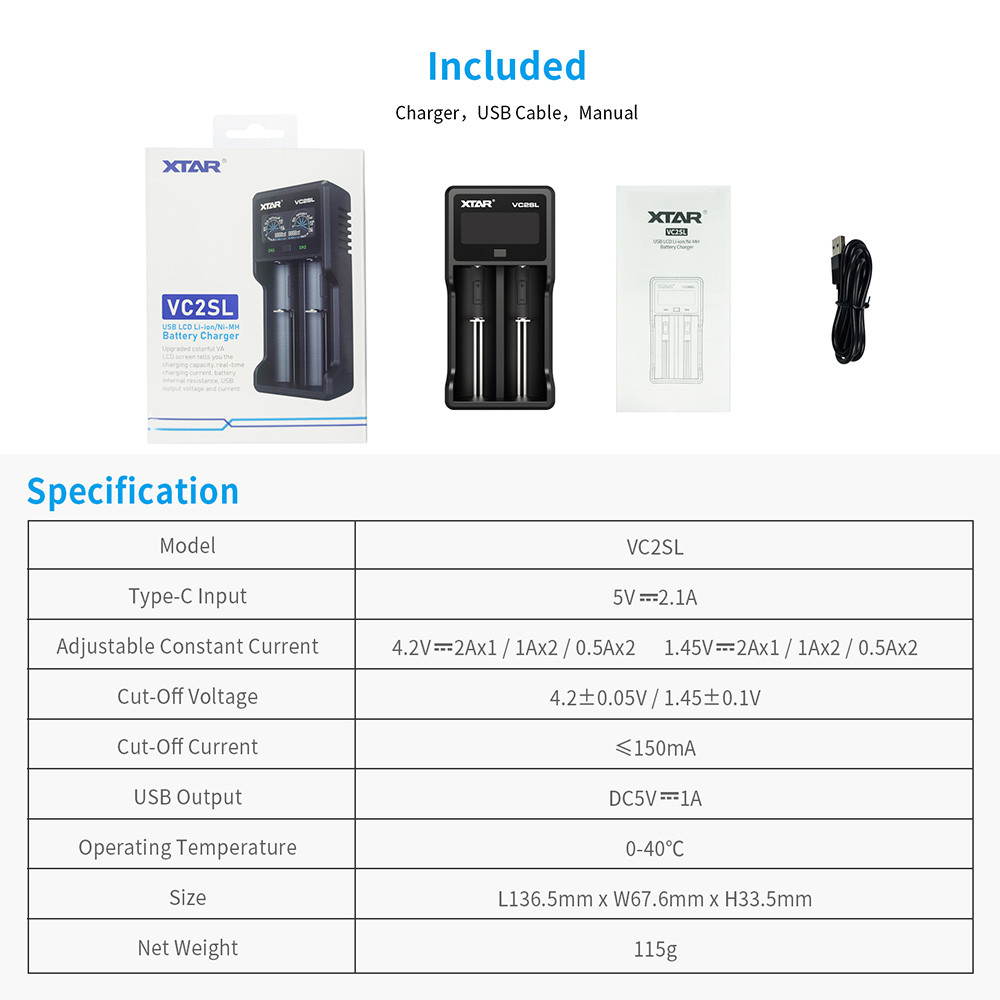 XTAR Power Bank 18650 Battery Charger VC2SL USB C Charging Rechargeable Li-ion Batteries 10400-26650