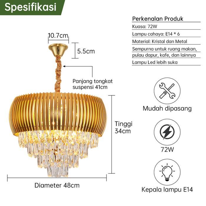 GOGEOUS Lampu Gantung Kristal Tamu Mewah Emas LED 50CM Ruang Tamu 3 Warna Lampu Gantung Kristal Hias