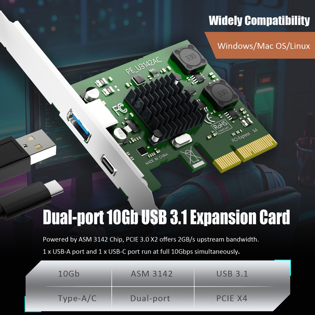 2-Port 10Gb USB 3.1 Gen2 (Type-C and Type-A) to PCIE X4 Expansion Card with ASM 3142 Chip