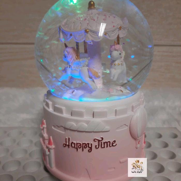 Snowball Unicorn Kotak Musik Lampu Bola Air Kaca Kristal Salju Snowglobe Waterball