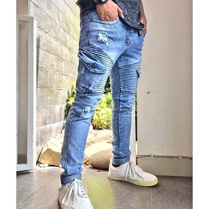 Celana Panjang Pria Jeans Cargo Biker Sobek