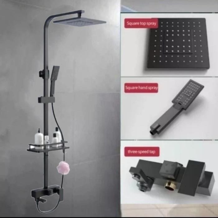 Shower tiang panas dingin komplit set tempat sabun shower tiang hitam