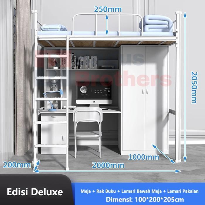 tempat tidur besi tingkat atas, lemari besi tingkat bawah + rak buku + meja, tempat tidur tingkat