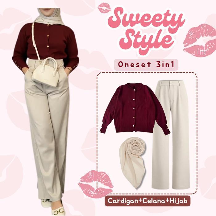 zen Outfit Wanita Kekinian Set OOTD Hijab ( Cardigan Rajut + Loose Pants + Jilbab Bella Square ) -