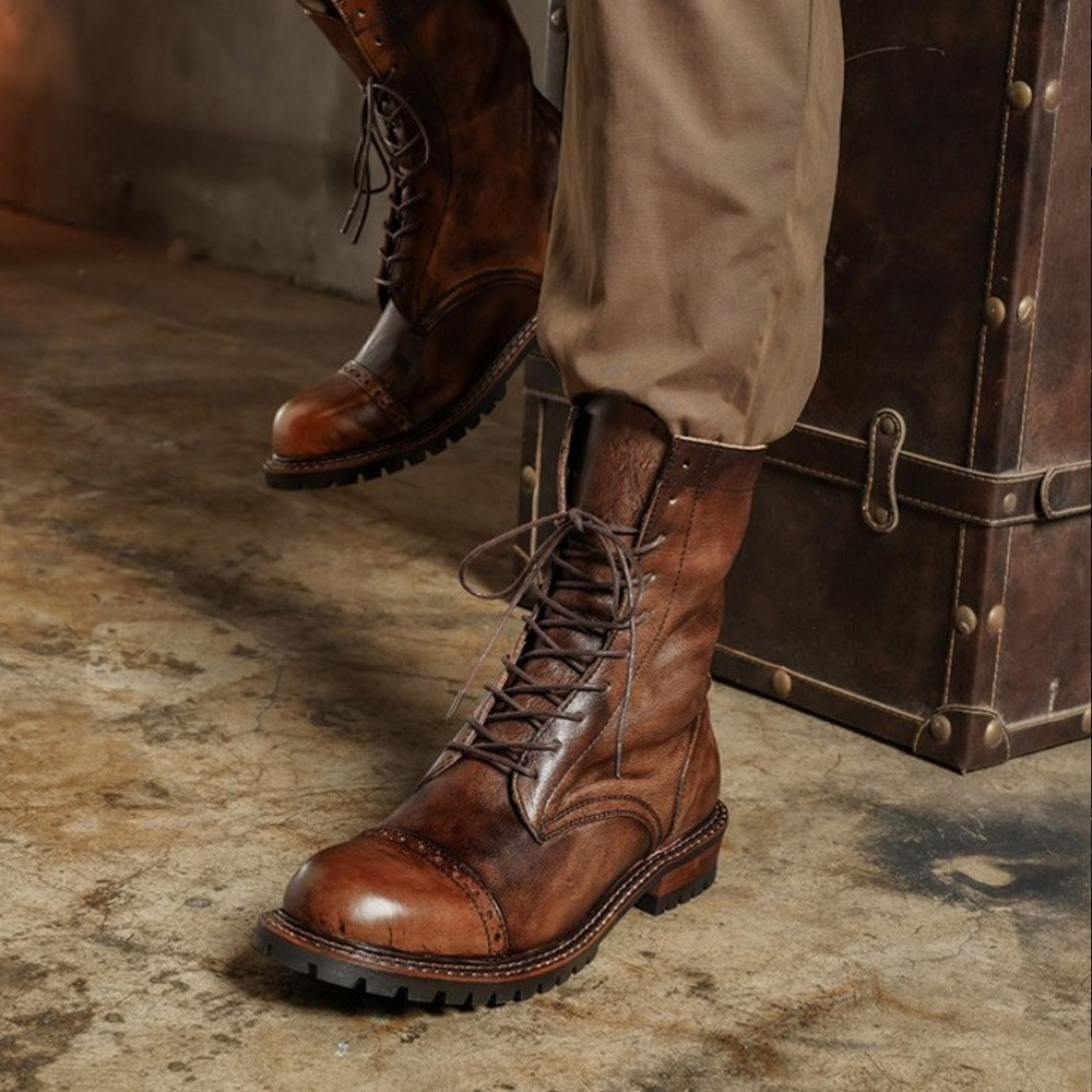 Sepatu Boot Pria Kulit Sapi Asli Model Koboi Retro Bulat Jari Kaki Tinggi Betis Chelsea Coklat