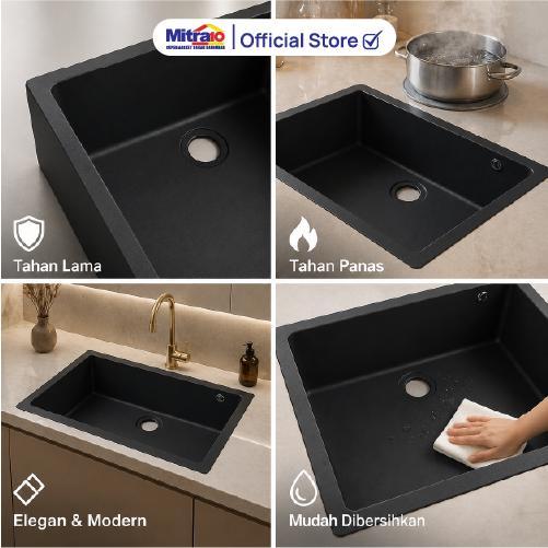 Sink Wastafel Granite Jumbo Zehn 76x44x22cm Hitam Bak Cuci Piring M7644 - Granite Sink Black
