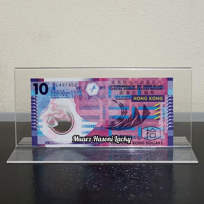 TERBATAS Akrilik Tempat Uang Pajangan Hiasan Hongkong 10 Dolar Polymer