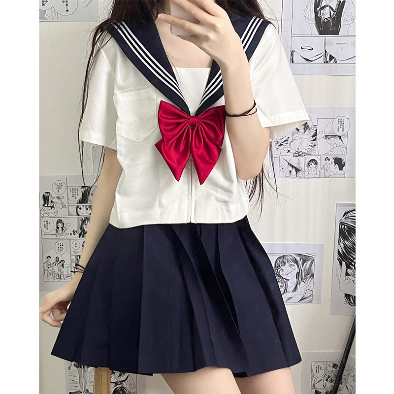 New Japanese School Uniform Girl Jk Suit Sexy Spring And Autumn Red Tie White Three Basic Sailor