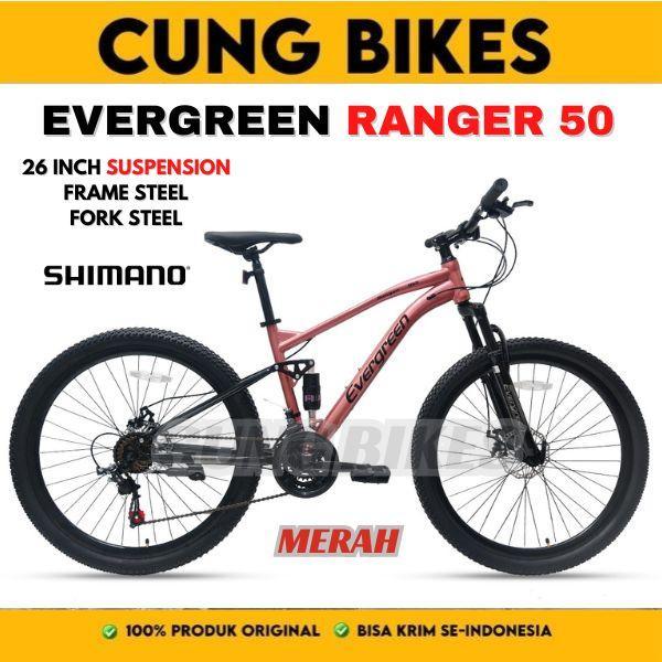 Sepeda Gunung MTB Evergreen Ranger R50, R55, R35 Full Suspension ukuran 26 27,5 Inch 3x7 speed Shima