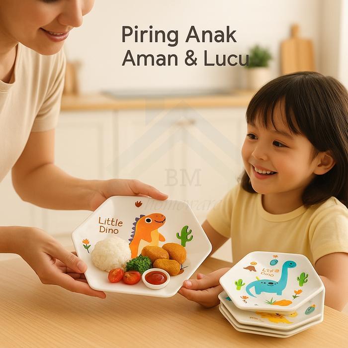 Piring Makan Anak Motif Dinosaurus /Piring Anak Dino Hexagonal bahan Melamin