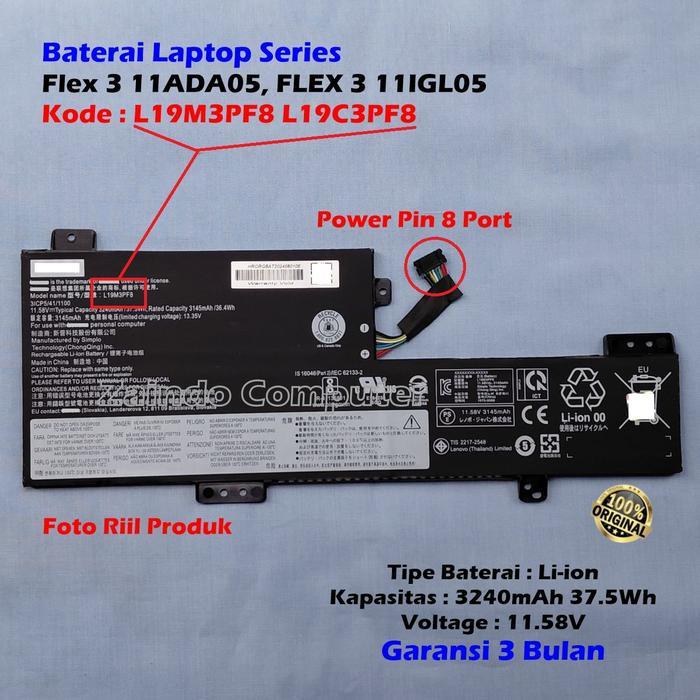 BATERAI L3NOV0OO ID3AP4D FLEX 3 3-11IGL 3-11IGL05 FLEX 3-11IGL05 FLEX 3-11 FLEX 3 11ADA05 L19M3PF8