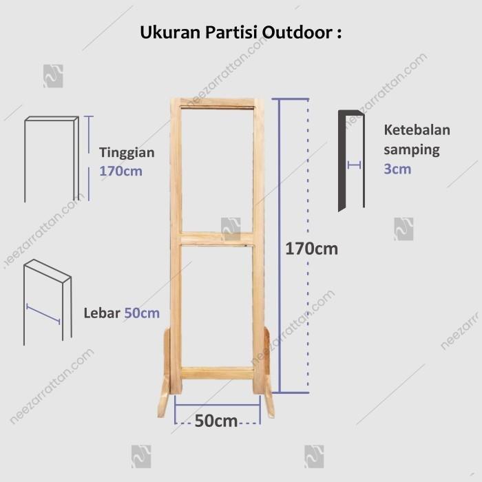 Partisi Outdoor Sketsel Rotan 3 Pintu Rangka Kayu Jati + Anyaman Rotan Pembatas Ruangan DENGAN Roda,