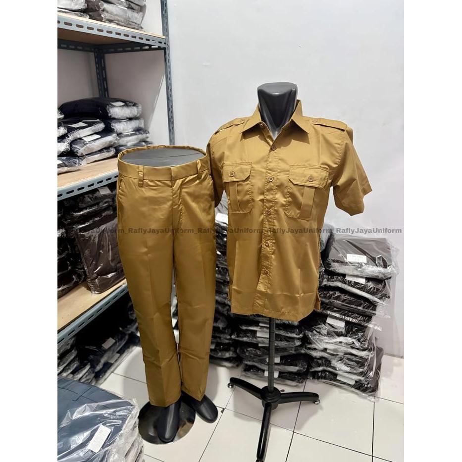ORIGINAL Seragam Khaki PNS - Baju Khaki Pria Lengan Pendek Katun Wol - Baju PNS - Seragam PNS -