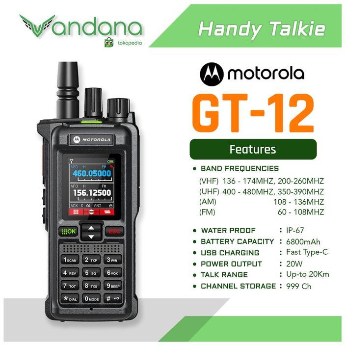HT Motorola GT12 Plus Walkie Talkie Jarak Jauh 20KM Output 20W Daya Baterai 6800mAh Free Earphone