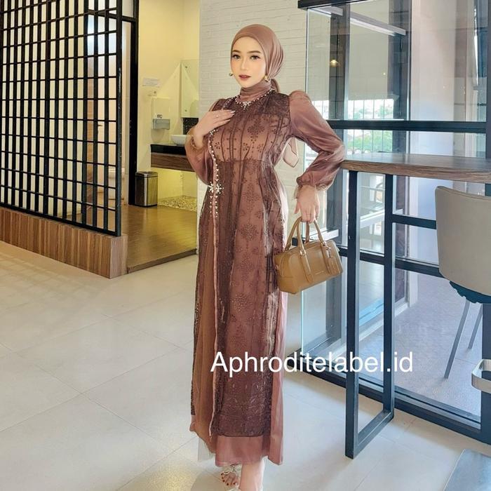 Kinanti Dress Kondangan Gamis Mewah Pesta Muslim Nyaman Gaun Wanita Kombinasi Premium Satin Mix Tile