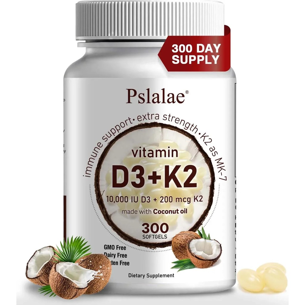 2-in-1 Vitamin D3 K2 Supplement Softgel, 10000 IU VIT D3 + 200 MCG Vitamin K2, Aiding in Calcium
