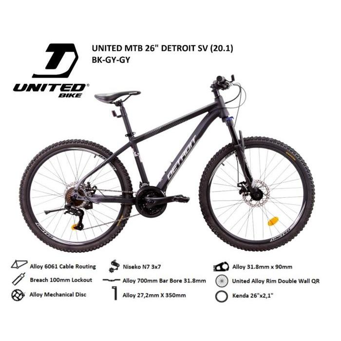 Sepeda Gunung MTB 26 Inch United Detroit SV 7 Speed Alloy SNI Garansi - Grey Black
