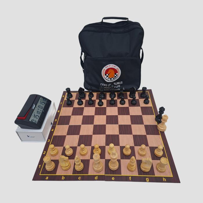 TERMURAH Paket Catur GM set papan catur lipat, bidak kayu dan jam catur digital standar