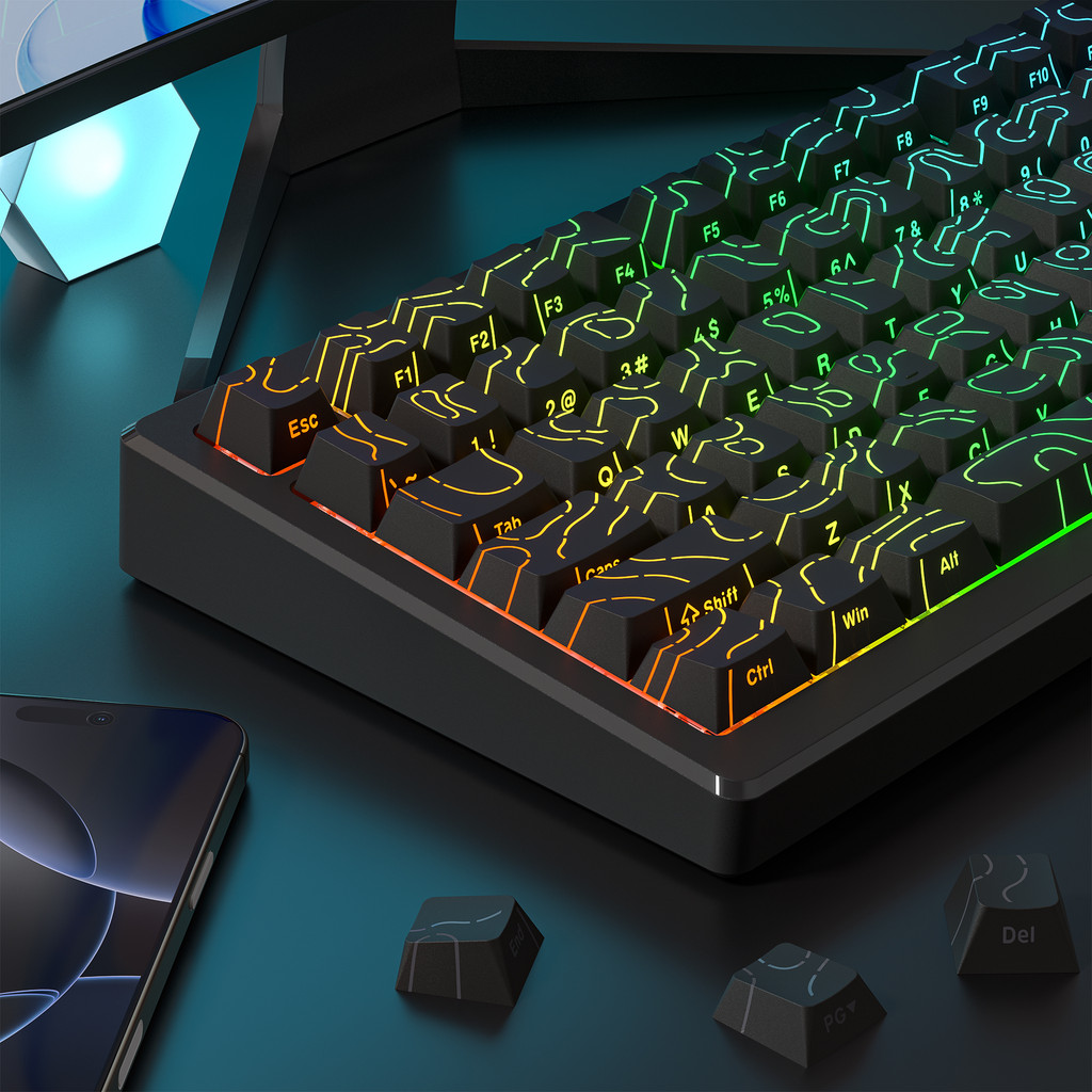 RGB Backlit Keycaps Cherry Profile Black Topographic 4.0 Side-lit Double Shot PBT Keycaps for Cherry