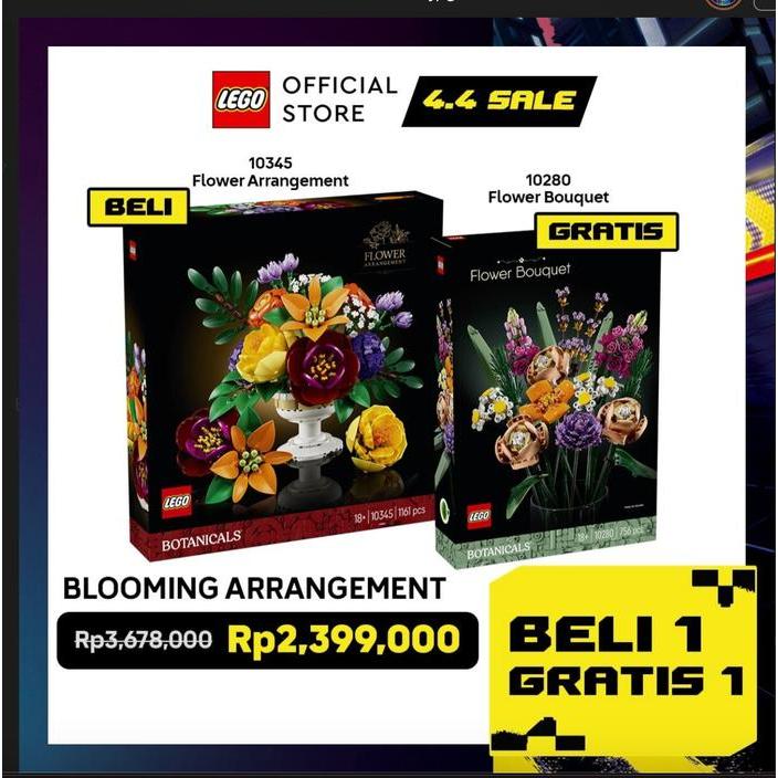 Beli 1 Gratis 1 - LEGO Botanicals 10345 Flower Arrangement + LEGO Botanicals 10280 Flower Bouquet