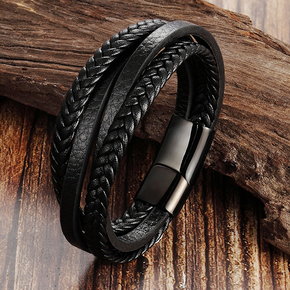 Gelang Kulit Asli Pria Wanita Stainless Steel Multilayer Braided Rope Pria Wanita Perhiasan Gelang T
