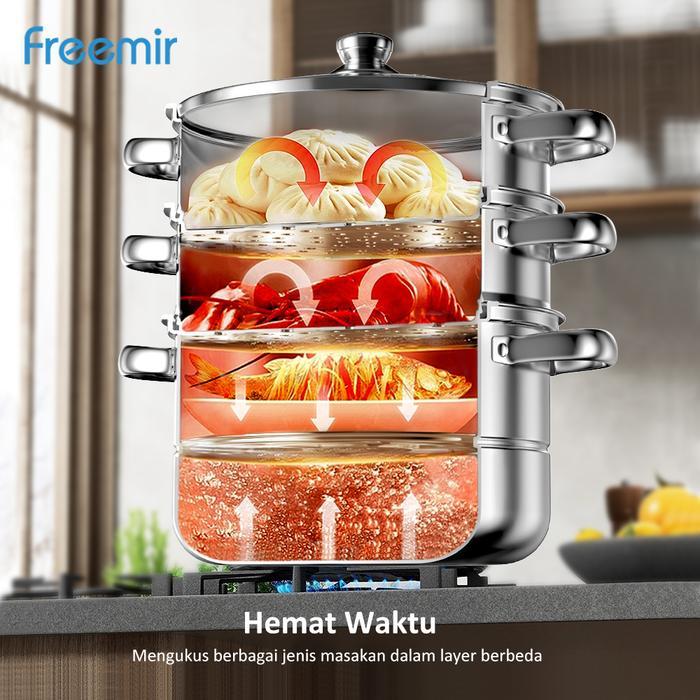 [Exclusive] Freemir Panci Kukus 3 Susun Kukusan Tinggi Kukus Dimsum Bolu Multifungsi Stainless Steel