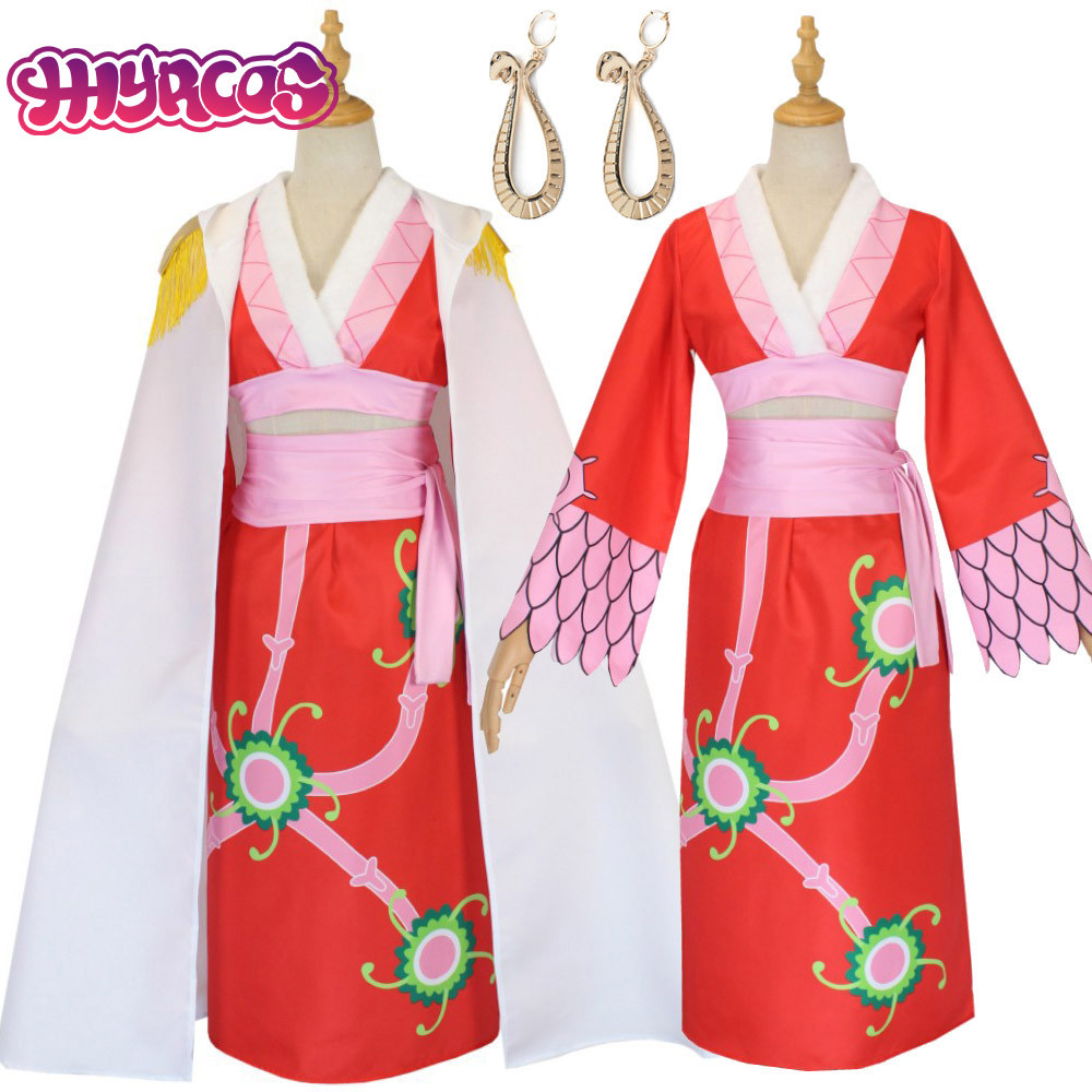Anime Boa Hancock Cosplay Costumes Sexy Empire Red Kimono Dress Uniform Boa Hancock Earrings