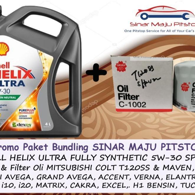 Paket Bundling Oli SHELL HELIX ULTRA HX8 5W-30 API SP Original 4 Liter & Filter Oli Mobil HYUNDAI