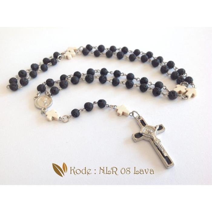 Kalung Rosario Batu Lava 6Mm Salib Putih White Marble