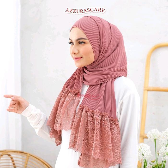 Terlaris Pashmina Plisket Renda - Azzura Scarf (Kerudung Lace Import Premium Wanita Muslim) Square