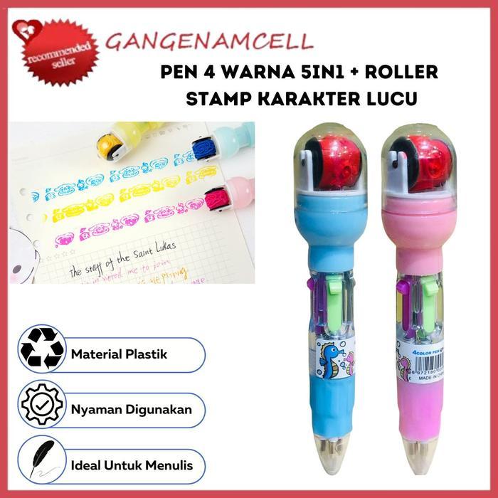 Pen 4 Warna 5in1 Pendek + Roller Stamp Karakter Lucu Pulpen Multicolor