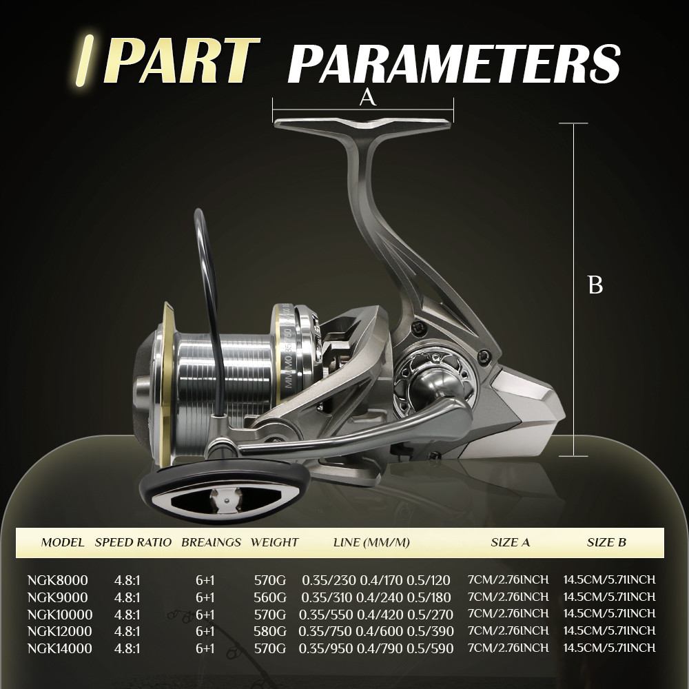 NGK Stainless Steel Bearing Spinning Fishing Reel 8000 9000 10000 12000 14000 25KG Powerful Reel