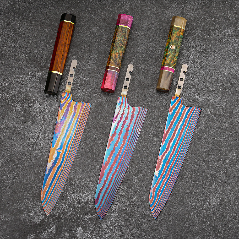 Titanium Damascus steel chef knife blade Timascus knife blade blank kitchen knife making kit no