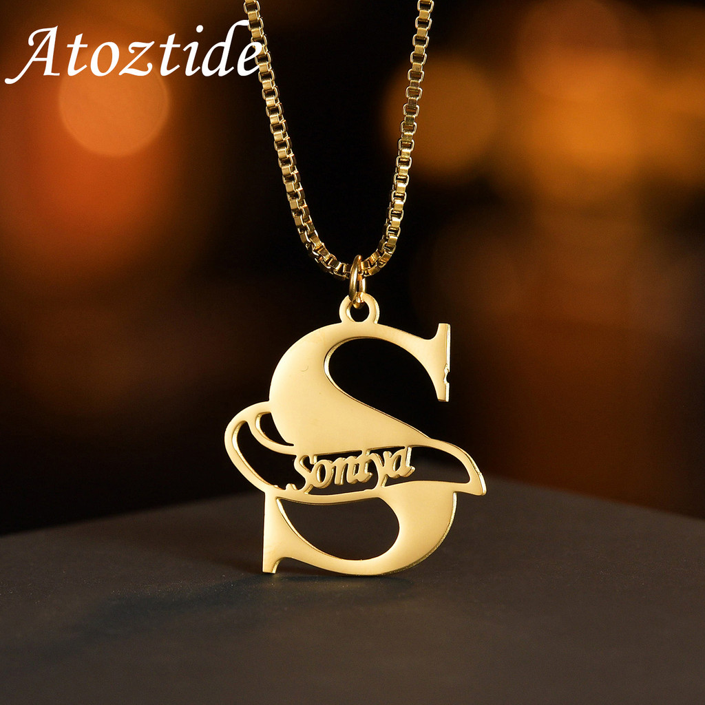 Kalung Nama Inisial Custom Huruf Besar untuk Wanita Liontin Kupu-Kupu Stainless Steel Rantai Choker 