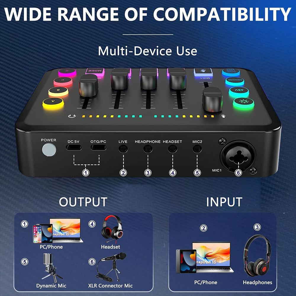 Gaming Audio Mixer,Rechargeable Audio Interface RGB Mixer with XLR Microphone Interface,48V Phantom