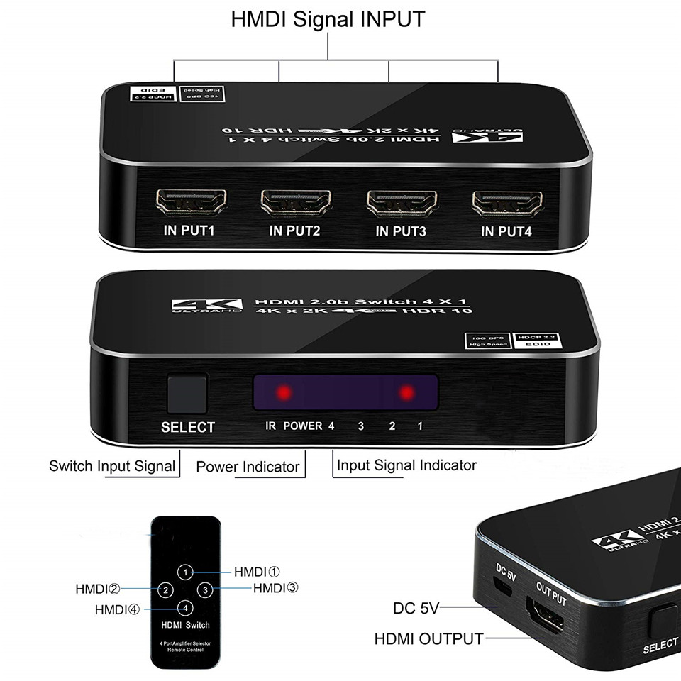 4K HDTV SPLITTER 4 IN 1 OUT 4 PORT HD SWITCHER SELECTOR HD CABLE SUPPORTS FULL HD 4K 1080P 3D PLAYER