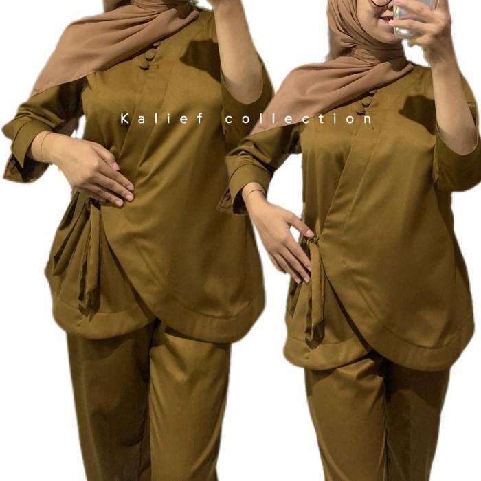 setelan pdh khaki tua pns wanita modelan tali samping celana rok a