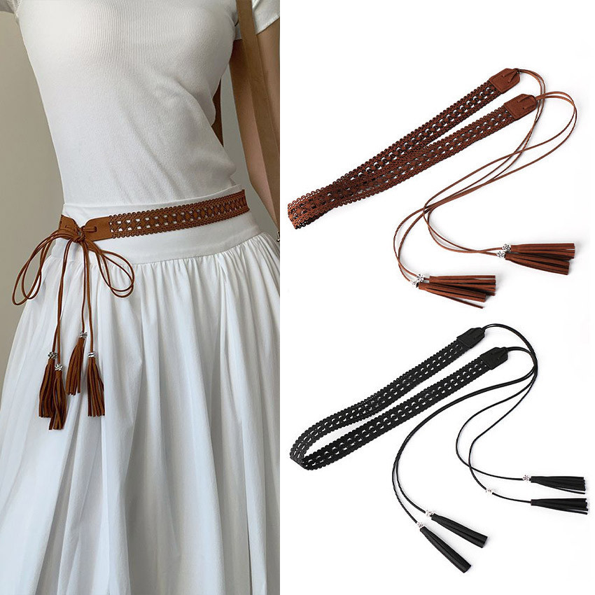 Tali Ikat Pinggang Wanita Belt Tassel Kulit Pita Simple Kepang Lebar Model Tassel Gaya Bohemian