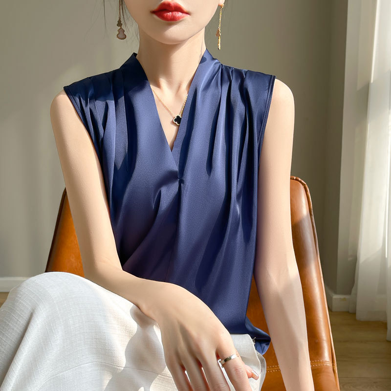 Blus Wanita Warna Solid Putih Satin Lengan Pendek Atasan Kantor Kemeja Blouse Hitam Putih Model YTM 