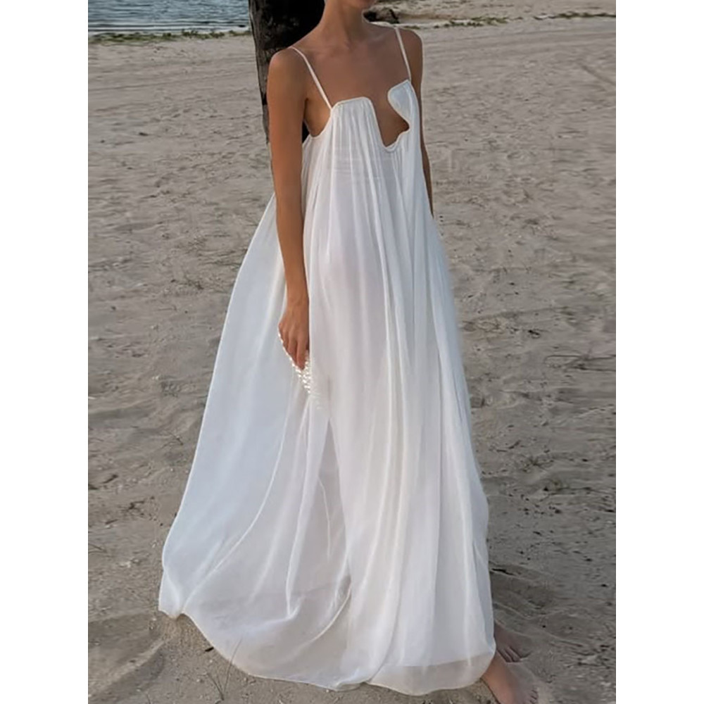 Gaun Maxi Simple V-Neck Model Pantai, Gaun Longgar Tanpa Lengan untuk Wanita, Gaun Pesta dengan Tali