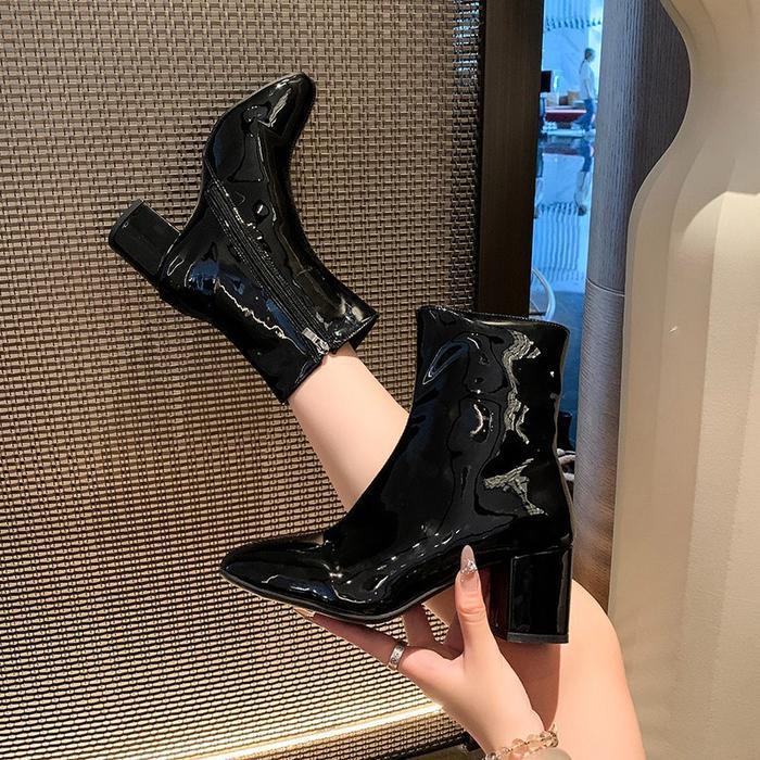 Ready Pinkey P363 Sepatu Glossy Heels Boots Resleting Kulit Wanita Premium Quality Shoes Hitam Pink