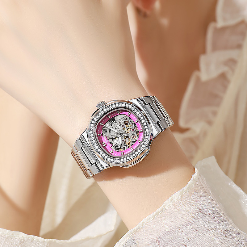 Dulunwe Luxury Brand Women'S Watch Automatic Skeleton Mechanical Watch Stainless Steel Waterproof
