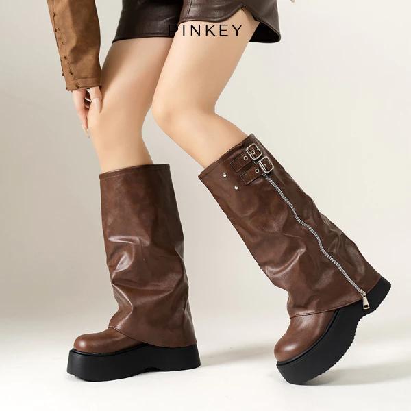 PINKEY P360 Boots/Sepatu Winter Overknee Leather Kulit Fashion Wanita Coklat Shoes