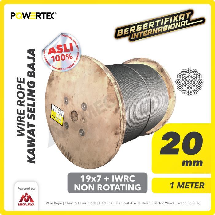 Terlaris - POWERTEC Wire Rope / Kawat Seling Baja 19x7 IWRC 20mm NR - 1 Meter