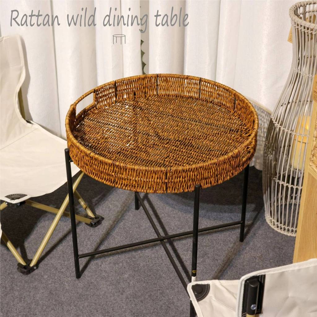 Outdoor picnic table portable foldable Rattan End Table Rattan Brown Round Table for Small Camping